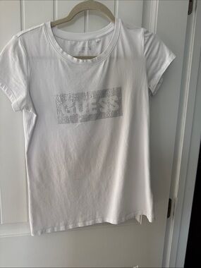 Guess White Short Sleeve Tee with Silver Logo Rhinestones